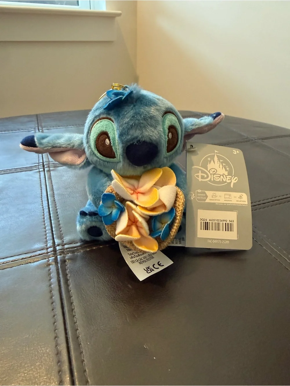 Disney Blue Stitch Plush Keychain with Multicolor Floral Lei